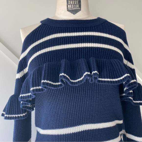 Self-Portrait Navy Blue Frill Cut-Out Shoulder Wool Sweater - S - Picture 6 of 13